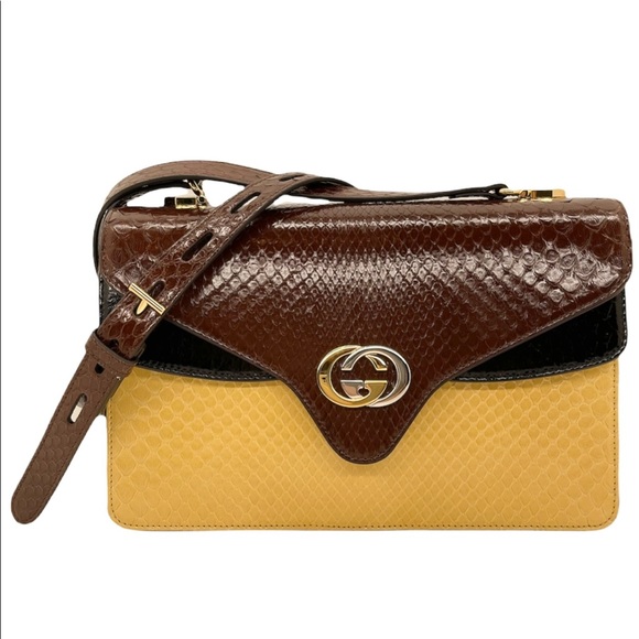 Gucci NEW In Box GG Logo Python Medium 3 Compartments Brown/ Black/Bei… - Picture 1 of 16